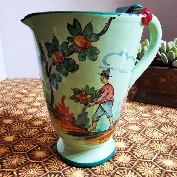 Vintage Hand Painted Green Italian Pottery Pitcher - Picture 8 of 14